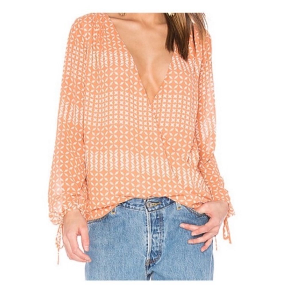 Revolve L'Academie Orange Cream Geometric Long Sleeve V-neck Wrap Blouse, Medium